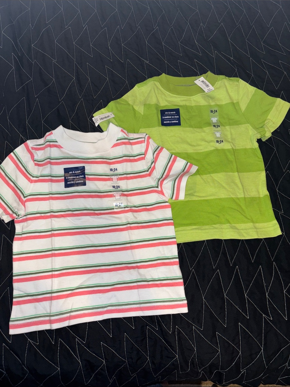 2 NWT Old Navy boys Striped Tee - Green & White with salmon Stripes 18-24m